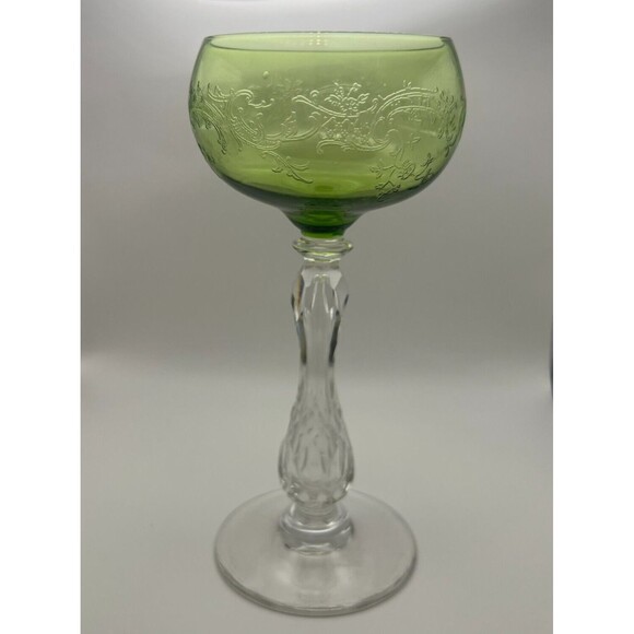 Antique Villeroy & Boch Hock Wine Glass Floral Scrollwork Green Clear Cut Stem - Picture 4 of 15